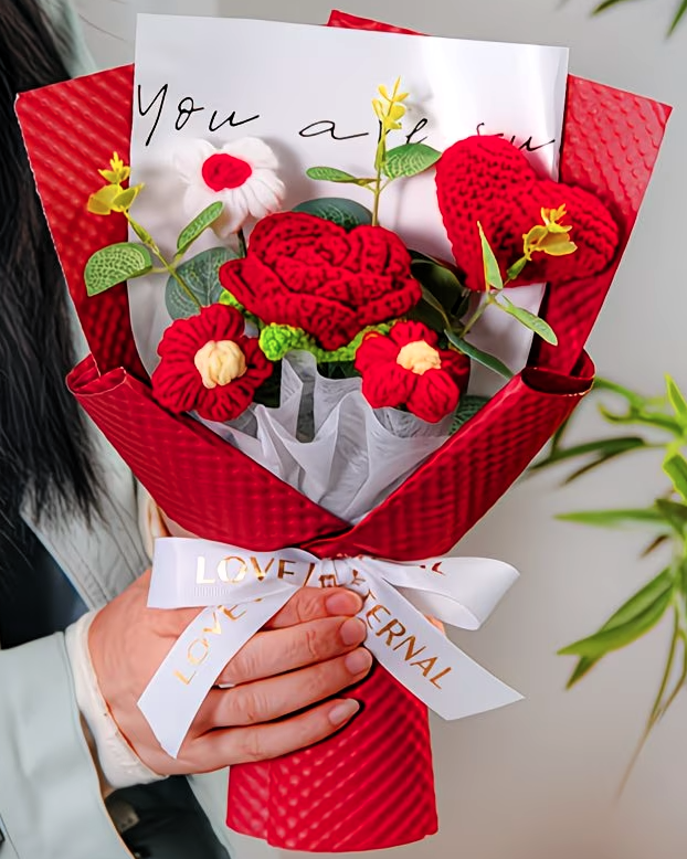 Crimson Love Crochet Bouquet
